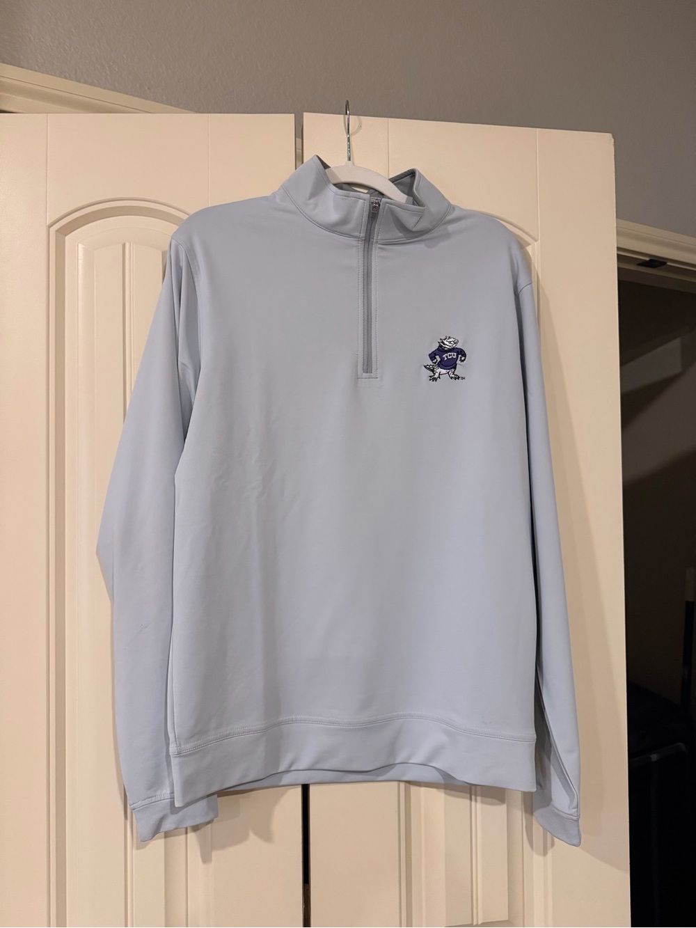 NWOT Peter Millar Pale Gray Half-Zip Pullover TCU logo